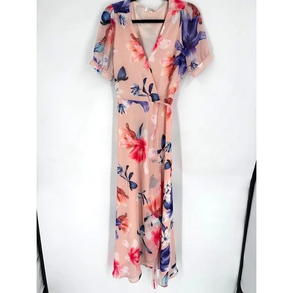 Yumi Kim Wrap Maxi Dress Women S Pink Floral Short Sleeve Wedding Guest Romantic - Picture 2 of 12
